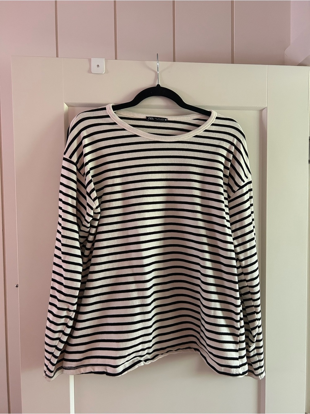 Zara Black and White Striped Crewneck Top